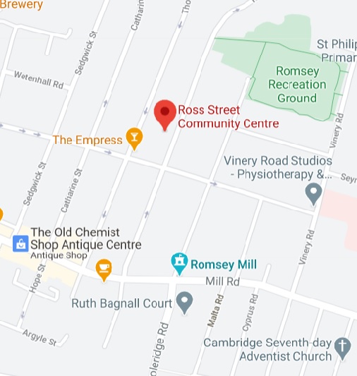 Map of Ross St Community Centre in Cambridge, off Mill Rd.
